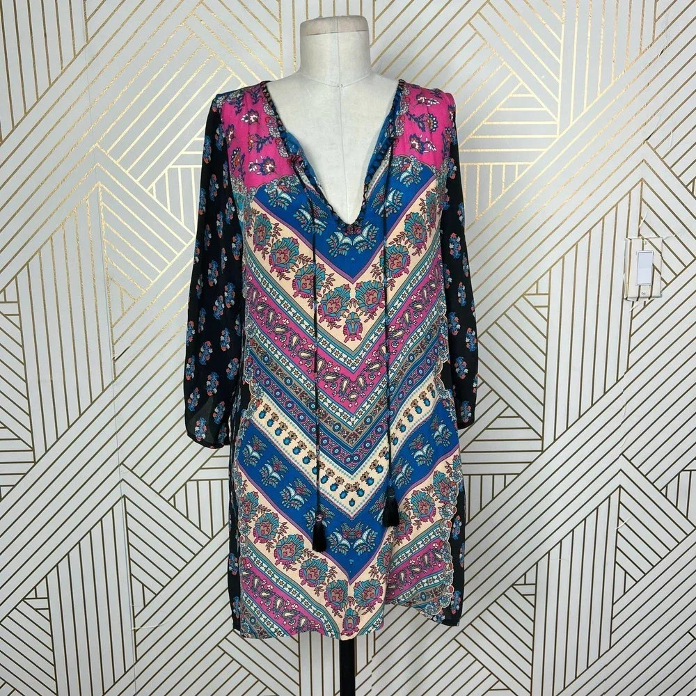 Tolani Silk Tassel Paisley Tunic Top Dress Pink Black Blue Size Small